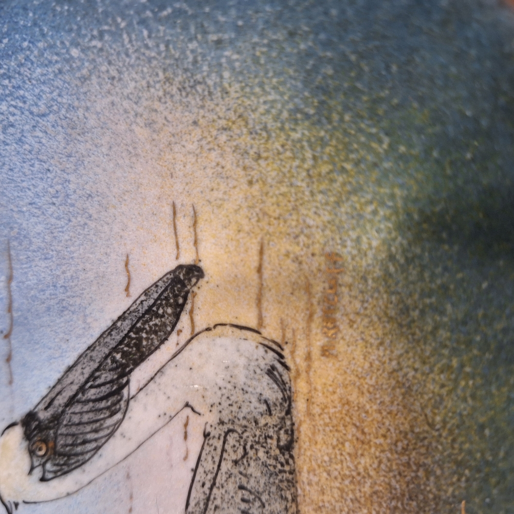 Blue and Gold Glass Art with Ethereal Wing Design